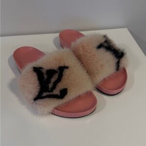 Louis Vuitton Pink and Cream Fur Slippers